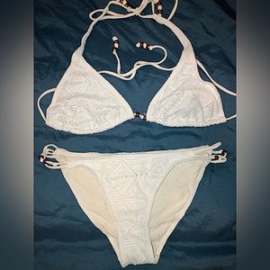 H&M Off White Crochet Pattern Beaded Accent String Two Piece Bikini Size 10